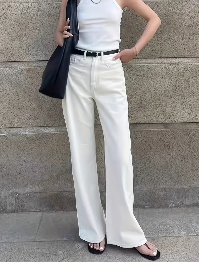 Düz Parça Yüksek Bel Bol Paça Bej Kadın Jean Pantolon 