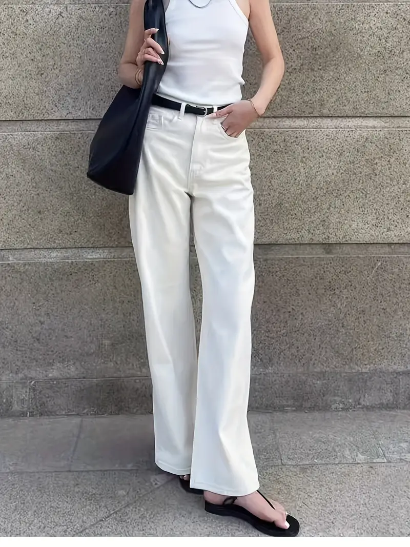 Düz Parça Yüksek Bel Bol Paça Bej Kadın Jean Pantolon 