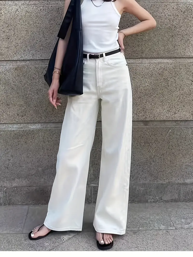 Düz Parça Yüksek Bel Bol Paça Bej Kadın Jean Pantolon 