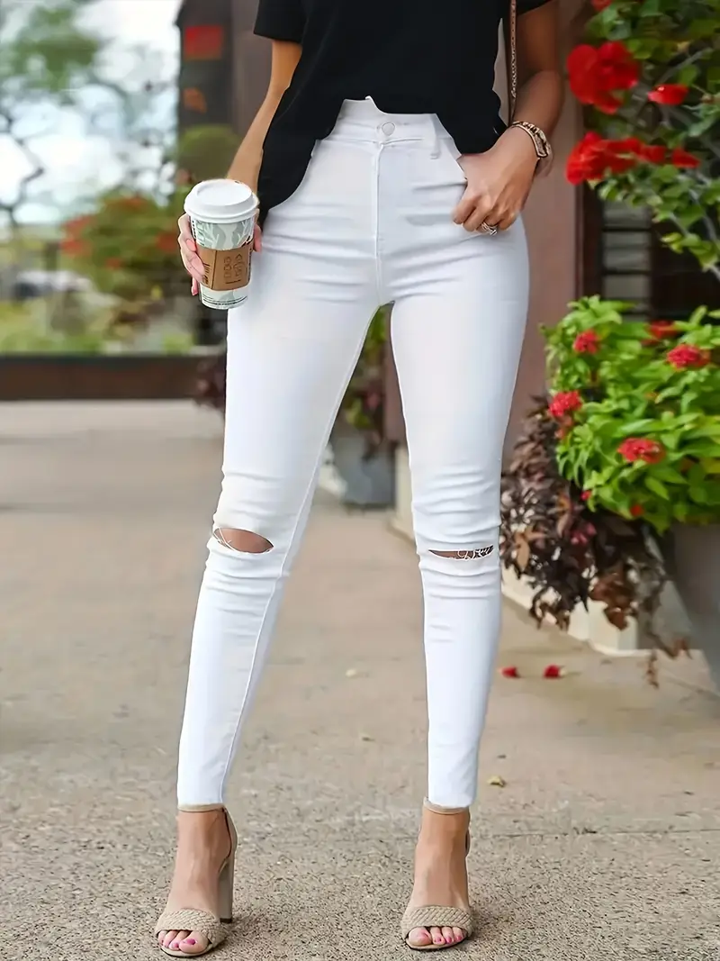 Düz Parça Yüksek Bel Diz Yırtmaçlı Beyaz Kadın Jean Pantolon 