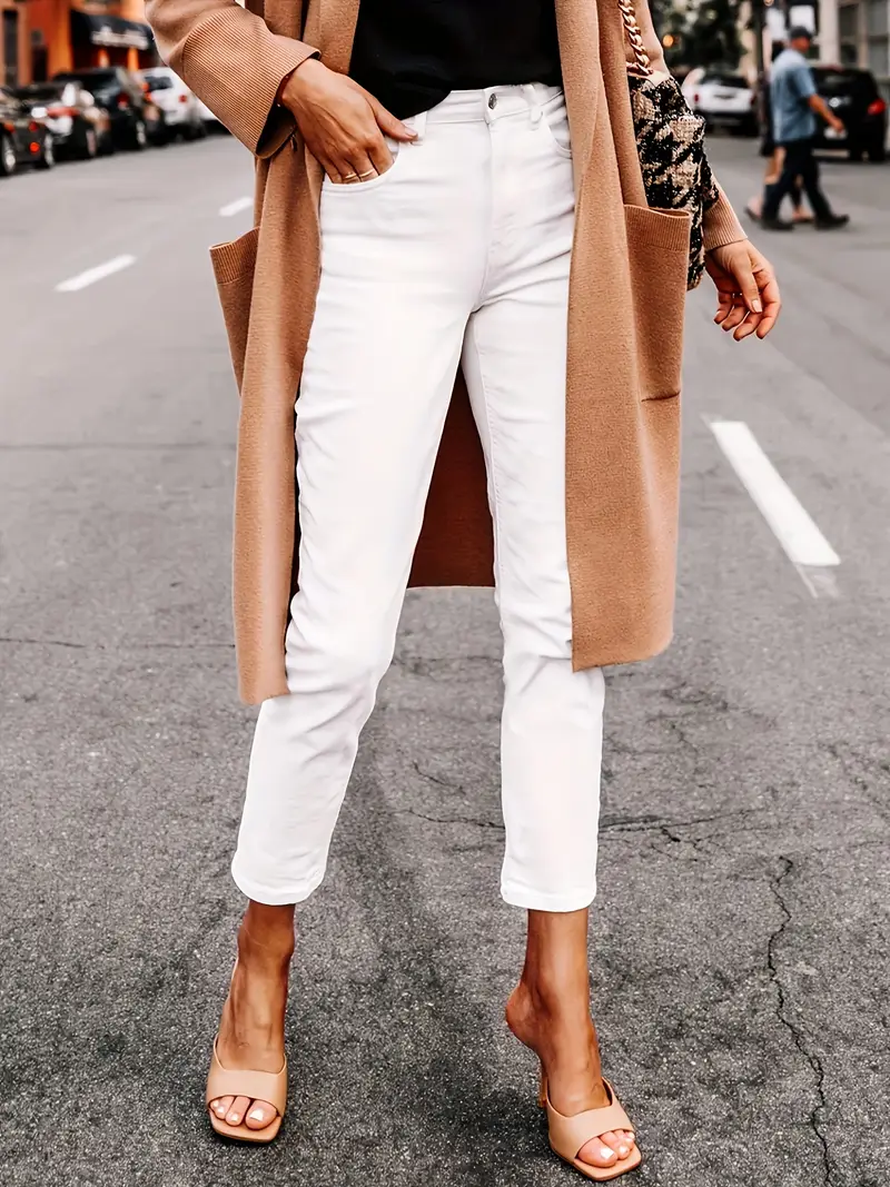 Düz Parça Yüksek Bel Beyaz Kadın Jean Pantolon 