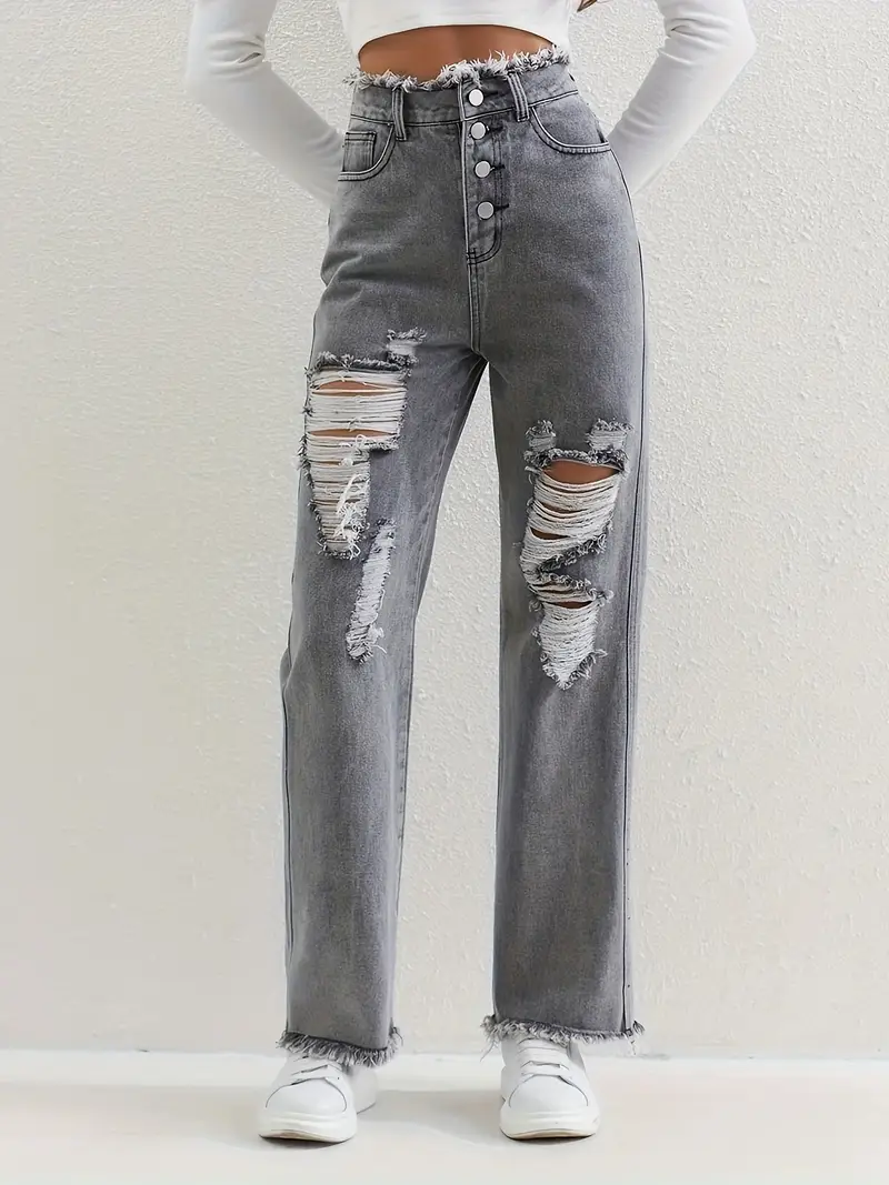 Düz Parça Yüksek Bel Diz Yırtmaçlı Gri Kadın Jean Pantolon 
