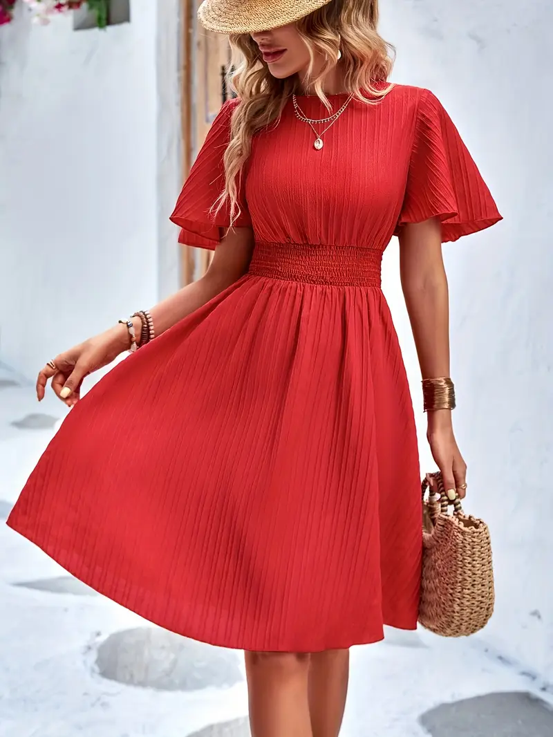 Yuvarlak Yaka Özel Kumaş Kırmızı Kısa Elbise