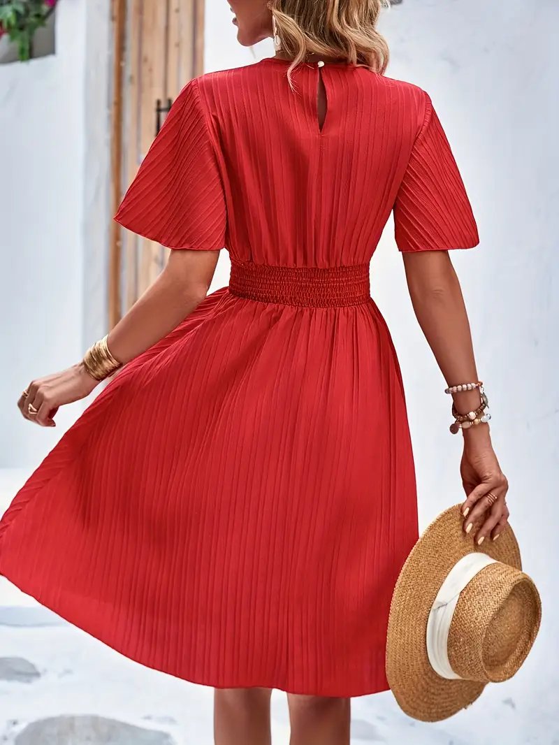 Yuvarlak Yaka Özel Kumaş Kırmızı Kısa Elbise