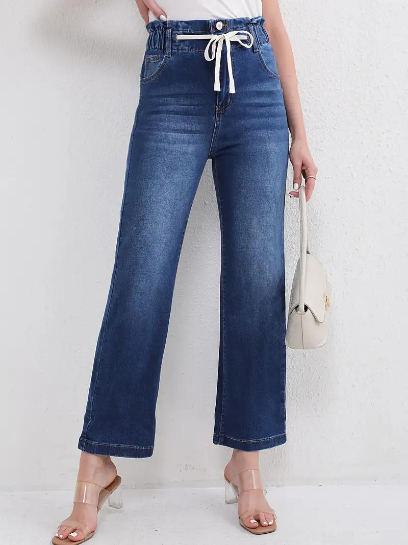 Düz Parça Yüksek Bel Bol Paça Lacivert Kadın Jean Pantolon 