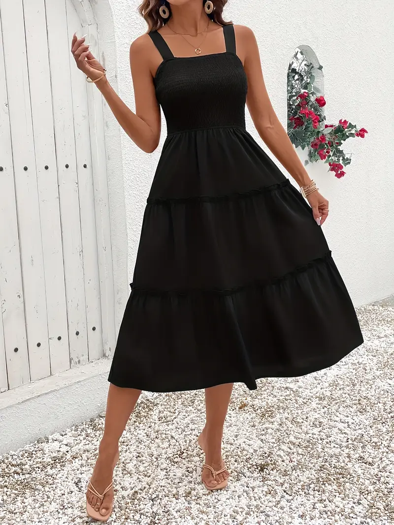 Dokuma Ayarlanabilir Askılı Siyah Kısa Elbise 