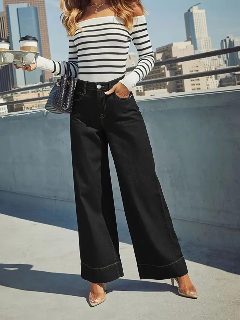 Düz Parça Yüksek Bel Bol Paça Siyah Kadın Jean Pantolon 