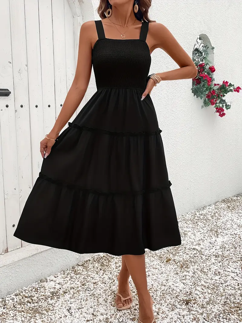 Dokuma Ayarlanabilir Askılı Siyah Kısa Elbise 