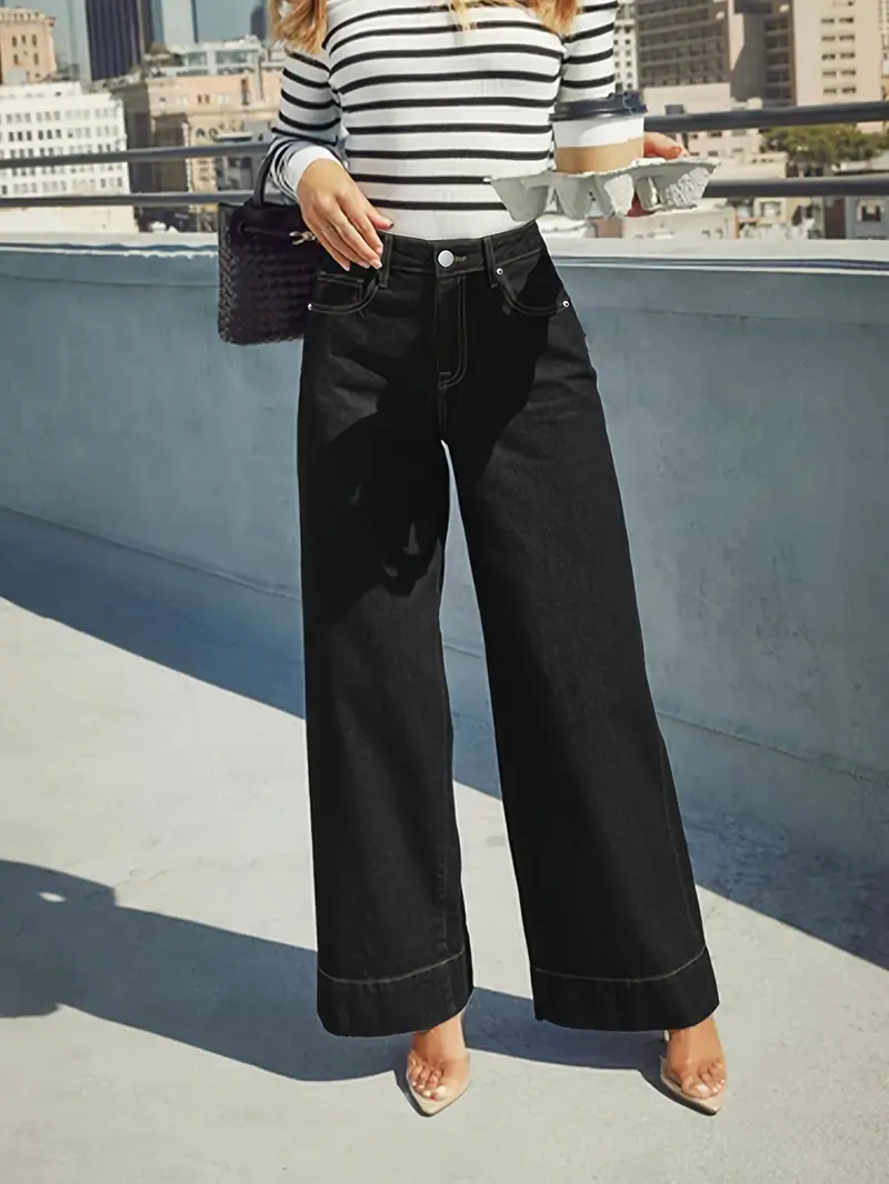 Düz Parça Yüksek Bel Bol Paça Siyah Kadın Jean Pantolon 