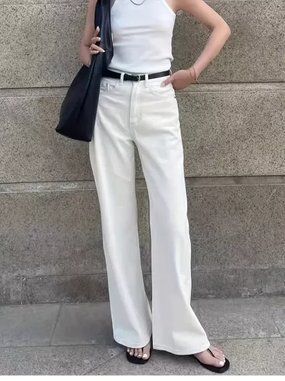 Düz Parça Yüksek Bel Bol Paça Bej Kadın Jean Pantolon 