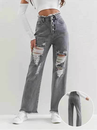 Düz Parça Yüksek Bel Diz Yırtmaçlı Gri Kadın Jean Pantolon 