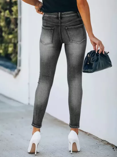 Düz Parça Yüksek Bel Gri Kadın Jean Pantolon 