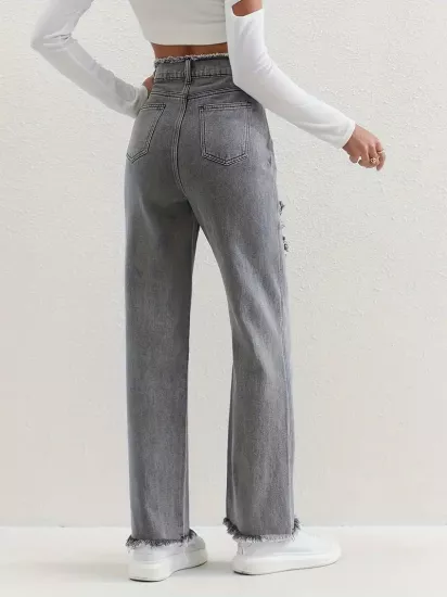 Düz Parça Yüksek Bel Diz Yırtmaçlı Gri Kadın Jean Pantolon 