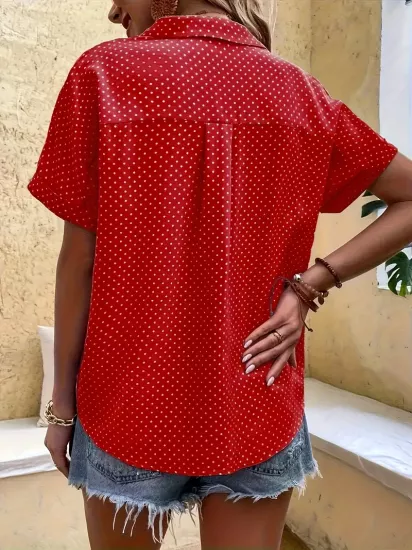 Kısa Kollu Nokta Desenli Kırmızı Kadın Gömlek