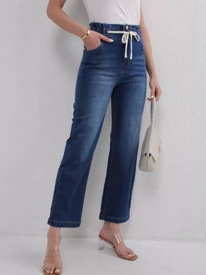 Düz Parça Yüksek Bel Bol Paça Lacivert Kadın Jean Pantolon 
