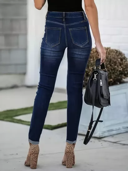 Düz Parça Yüksek Bel Lacivert Kadın Jean Pantolon 