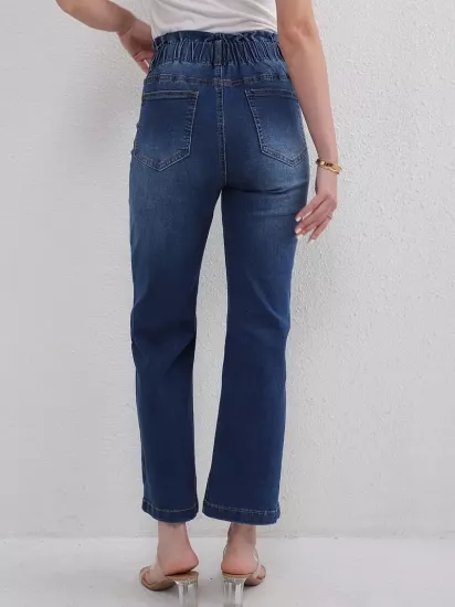 Düz Parça Yüksek Bel Bol Paça Lacivert Kadın Jean Pantolon 
