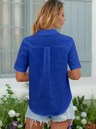 Kısa Kollu Düz Günlük Kullanım İçin Mavi Kadın Gömlek