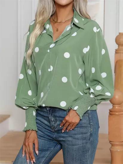 Kısa Kollu Nokta Desenli Yeşil Kadın Gömlek